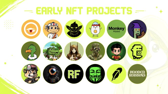 A graphic titled 'EARLY NFT PROJECTS' displaying a grid of 18 circular NFT collection icons including CryptoPunks, Bored Ape, Pudgy Penguins, Doodles, Moonbirds, and Hooded Robbins.
