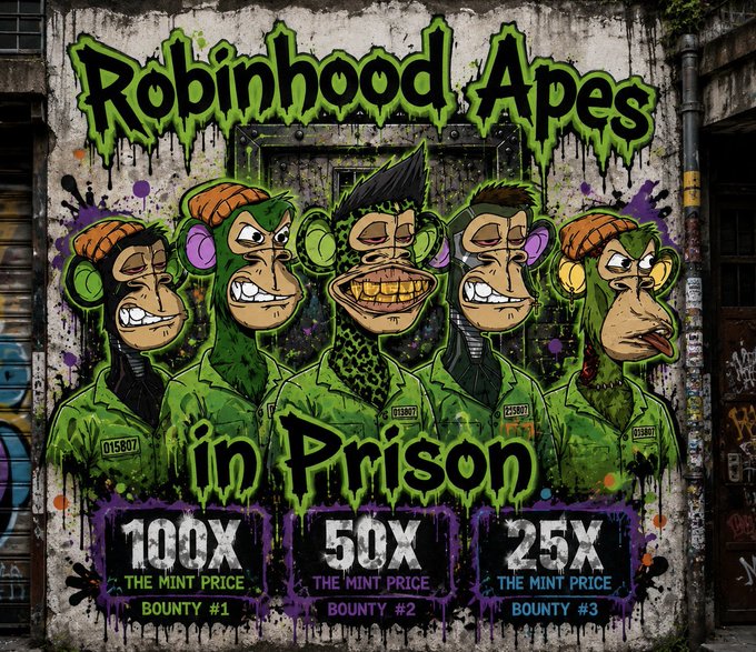 A graffiti-style poster reading 'Robinhood Apes in Prison' depicting five green ape characters in prison uniforms, with bounty listings: 100X, 50X, and 25X mint prices.