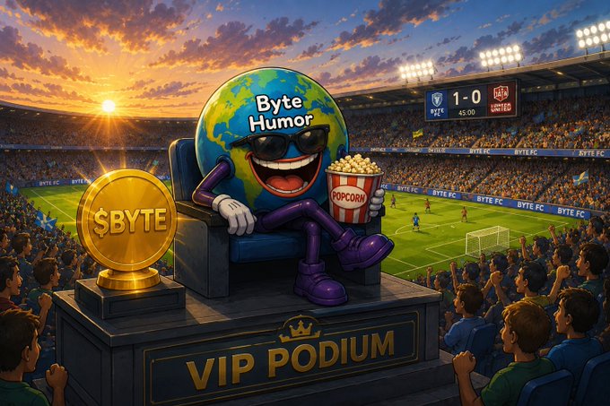 A cartoon globe character wearing sunglasses lounges in a VIP chair labeled "VIP PODIUM" with a "$BYTE" coin and a "POPCORN" bucket, overlooking a packed football stadium where the scoreboard shows "1-0" at the 45:00 mark between "BYTE FC" and "UNITED." The luxurious front-row spectacle fits the post's playful vibe of giving the $BYTE community prime seating to enjoy the crypto game.