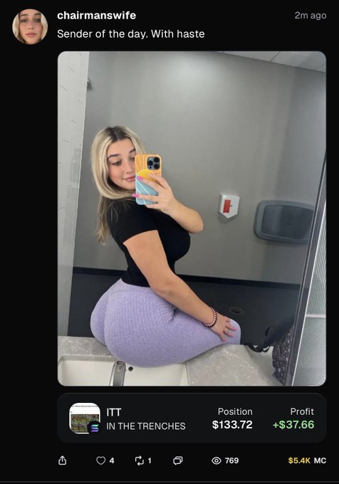 A social media post from 'chairmanswife' captioned 'Sender of the day. With haste,' showing a mirror selfie of a blonde woman in a black top and purple leggings, alongside stock information for ITT showing a profit of +$37.66.