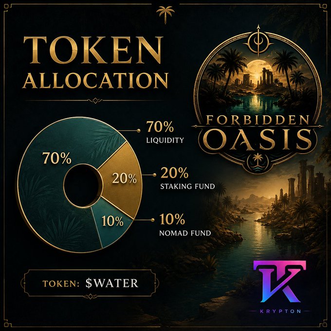 A promotional graphic for "FORBIDDEN OASIS" by Krypton showing token allocation: 70% Liquidity, 20% Staking Fund, and 10% Nomad Fund, with the token ticker "$WATER".