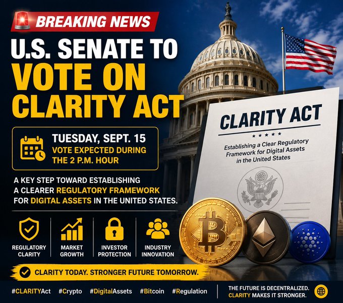 A breaking news graphic announcing the U.S. Senate vote on the CLARITY Act on Tuesday, September 15, featuring the Capitol building, American flag, and cryptocurrency icons including Bitcoin, Ethereum, and Cardano.