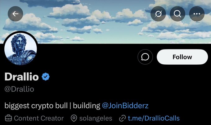 The image shows the Twitter/X profile of "Drallio" (@Drallio), a verified content creator and self-described "biggest crypto bull" who is "building @JoinBidderz," with a classical statue as his profile picture. The accompanying post warns followers about impersonators (LARPs) using his profile picture to deceive others, emphasizing that his credibility comes from verifiable on-chain claims.