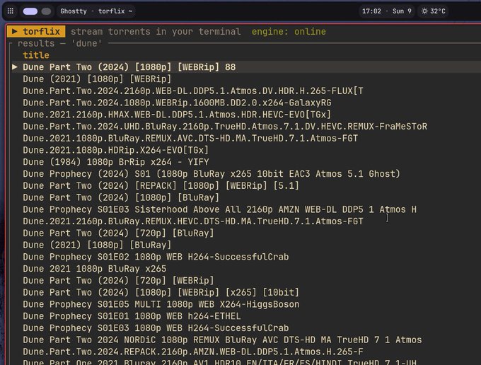 The image shows the torFlix terminal application (version 0.5.0, engine: online) streaming torrent results for "dune," displaying various versions like "Dune Part Two (2024) [1080p] [WEBRip]" and "Dune (2021) [1080p] [WEBRip]" — humorously illustrating how easily a single search term yields multiple pirated copies of the film, thanking BitTorrent (which was developed by Bram Cohen, who also created the .torrent file format).