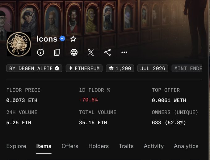 An NFT collection page titled 'Icons' by DEGEN_ALFIE on Ethereum shows a floor price of 0.0073 ETH, 24H volume of 5.25 ETH, 633 unique owners, and a 1D floor change of -70.5%.