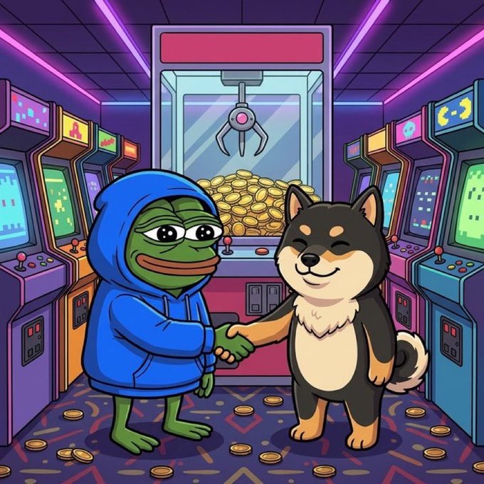 A cartoon illustration of Pepe the Frog in a blue hoodie shaking hands with a Shiba Inu dog in a claw machine arcade filled with arcade cabinets and coins.