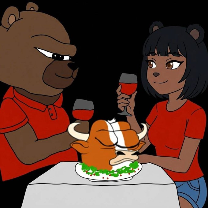 Cartoon illustration of a bearish market couple: a brown bear and a dark-haired woman in red shirts toasting wine glasses while a defeated bull head sits on a plate in front of them.