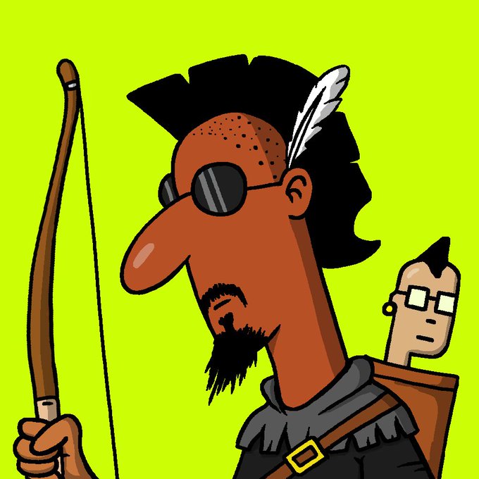 A cartoon illustration of a man with a long nose, beard, and round sunglasses, wearing a black outfit with a feather in his hair, holding a bow, with a smaller figure peeking out from a backpack against a bright green background.