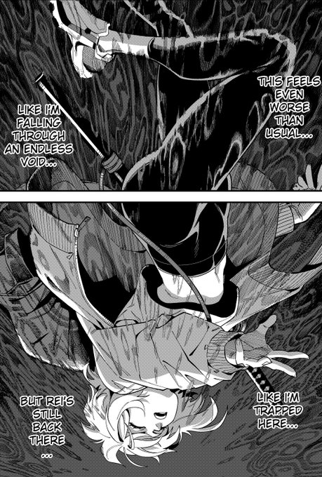 A black and white manga panel showing a character falling through a dark void, with dialogue reading 'LIKE I'M FALLING THROUGH AN ENDLESS VOID...', 'THIS FEELS EVEN WORSE THAN USUAL...', 'BUT REI'S STILL BACK THERE...', and 'LIKE I'M TRAPPED HERE...'