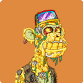Pixel art character on an orange background featuring a skull-like figure with sunglasses, gold teeth, and a purple cap.