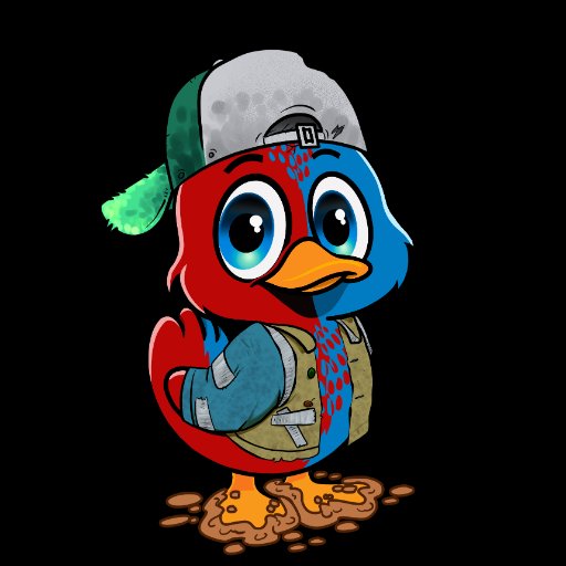 An illustration of a blue and red cartoon bird wearing a backwards gray cap and green jacket, appearing melting on a black background.