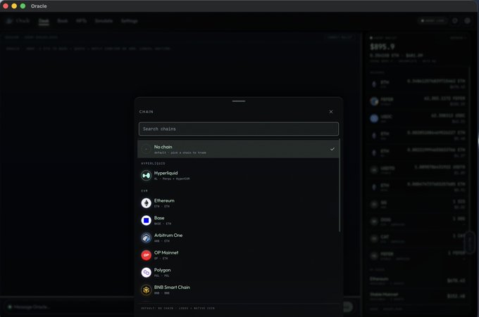 A dark-themed cryptocurrency trading interface called "Oracle" displays a chain selection modal featuring options like Hyperliquid, Ethereum, Base, Arbitrum One, OP Mainnet, and Polygon, with a portfolio of tokens visible on the right side.