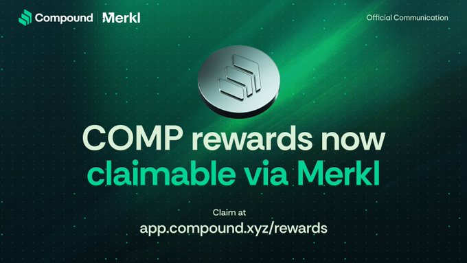 An official promotional banner from Compound announcing that 'COMP rewards now claimable via Merkl', directing users to claim at app.compound.xyz/rewards.