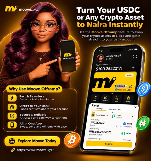 A promotional graphic for Moove (moove.xyz) featuring a woman holding a smartphone, advertising the ability to 'Turn Your USDC or Any Crypto Asset to Naira Instantly' via the Moove Offramp feature, with details on transaction rates and benefits like fast transfers and direct bank deposits.