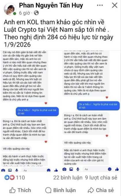 A Facebook post screenshot in Vietnamese by 'Phan Nguyễn Tân Huy' discussing 'Luật Crypto tại Việt Nam' (Crypto Law in Vietnam) with 110 reactions, 22 comments, and 9 shares.