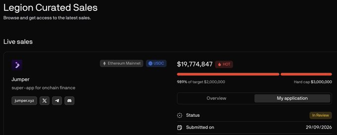 A 'Legion Curated Sales' platform screenshot showing a live sale for 'Jumper' on Ethereum Mainnet/USDC, raised $19,774,847 (98.91% of $2,000,000 target, hard cap $3,000,000), with status 'In Review'.
