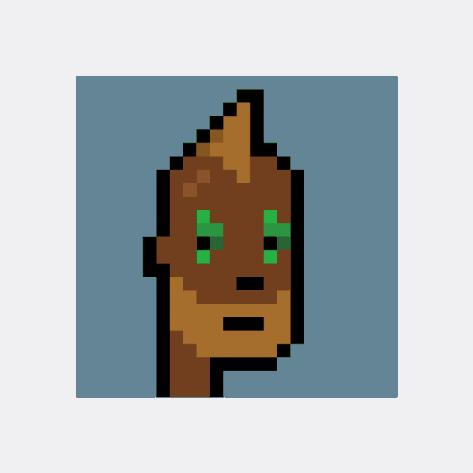 A pixel art illustration of a brown-skinned figure with green eyes and a pointed topknot against a gray-blue background.