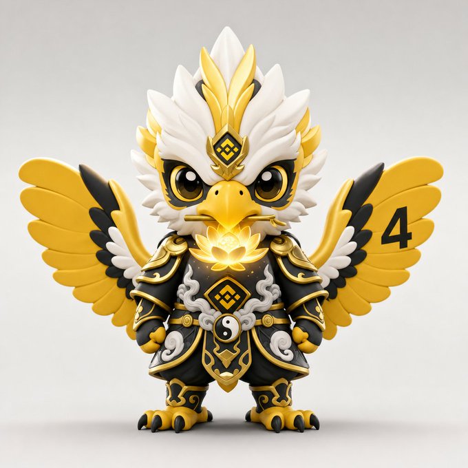 The image features a figurine of a bird, possibly a dragon or an eagle, standing upright with its wings spread out. The bird has a yellow body adorned with black and gold accents, giving it a regal appearance. It's facing towards the left side of the image while wearing a golden crown on its head. The background is white, which contrasts nicely with the colorful bird figure.

The post that this image appears to be related to is about a character named @dappOS_com who has been described as having "大家比赛" and "@cz_binance". This character seems to have a unique appearance, possibly resembling a dragon or an eagle with wings. The bird figurine in the image could be a representation of this character's physical attributes or serve as a decorative element for the post.