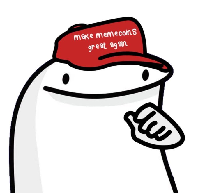 A cartoon white blob-like character wearing a red MAGA-style cap that reads "make memecoins great again" makes a pointing gesture toward the viewer, illustrating the post's message that $FLORK is an overlooked memecoin opportunity waiting to be recognized.