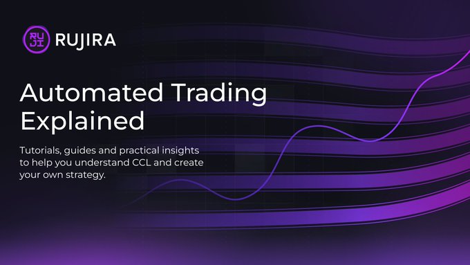 A graphic with the "RUJIRA" logo featuring the text "Automated Trading Explained" and a subtitle about tutorials and practical insights for CCL strategy creation, set against a purple background with wavy lines.