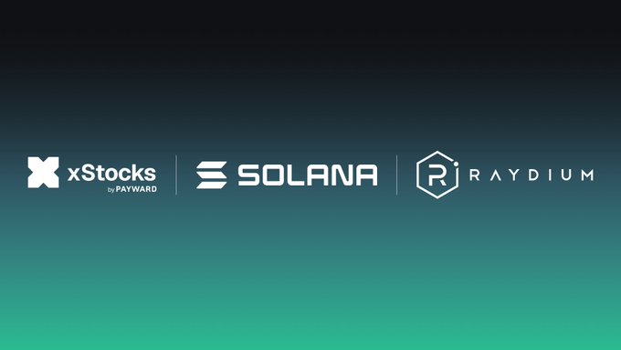 A minimalist graphic displaying the logos for 'xStocks by PAYWARD', 'SOLANA', and 'RAYDIUM' against a dark gradient background.