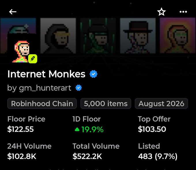 An NFT collection page for "Internet Monkes" by gm_hunterart on Robinhood Chain shows a floor price of $122.55 with a 19.9% increase and 24H volume of $102.8K.