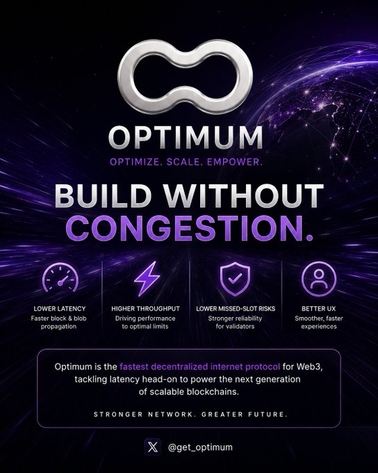The image features a purple background with white text. The main focus of the image is an advertisement for Optimum, which promotes the idea that "Optimum is the fastest decently optimized internet protocol for Web3. Tackling latency head on power the next generation of scalable blockchain networks". The post also mentions that there are four different features available to optimize the network and improve its performance.