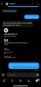 A Telegram chat screenshot with user "Lloyd" discussing a problem with "man" and showing a transaction from "@jackbutcher" with status "withdrawn" for $8, captioned "thank you so much man, I appreciate."