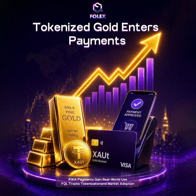 The image features a colorful advertisement with three gold items placed on top of each other, which include a large gold coin positioned towards the bottom left corner, two smaller coins in the middle-left section, and another larger golden coin in the upper right part of the scene. Additionally, there is a phone displaying an approval checkbox next to the second coin from the left side. The backdrop features a bright yellow upward-pointing arrow, giving the impression that gold is moving towards the top or sky. 

The title "FOLEX: Tokenized Gold Enters Payments" appears at the bottom of the image, indicating this is an advertisement for a new platform offering tokenized gold payments. The main focus of the image is on showcasing the benefits and advantages of using this type of payment method.