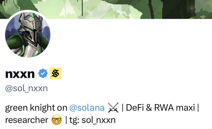 A Twitter/X profile for user @sol_nxxn (nxxn) with a green knight avatar, describing themselves as a 'green knight on @solana | DeFi & RWA maxi | researcher'.