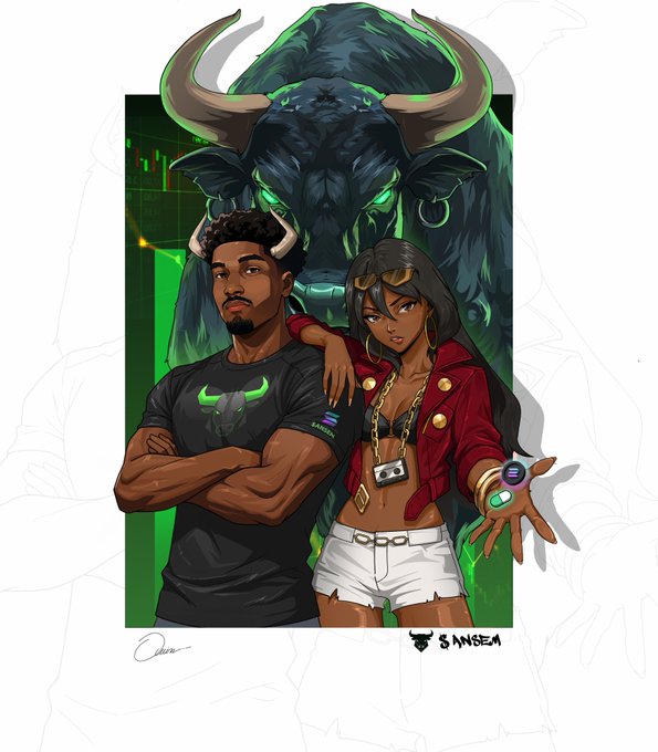 Digital artwork by Saneem showing two characters, a man and a woman, posed in front of a large green glowing bull.