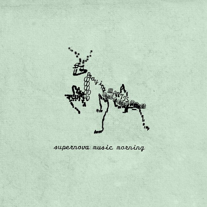 A minimalist artwork on a muted green background showing a dog figure composed of symbols and dots with the text "day in mann" and "supernova music morning" written in a handwritten style.
