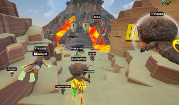 A video game scene shows blocky characters running through a volcanic landscape, with usernames like 'Flappidi', 'Biscuit', 'Matavesi', 'Junket96', and 'Firearcy' floating above them.