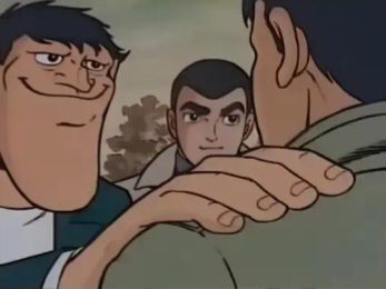 An animation still shows three men with serious expressions in a close-up shot, with hands gripping someone's shoulder in the foreground.