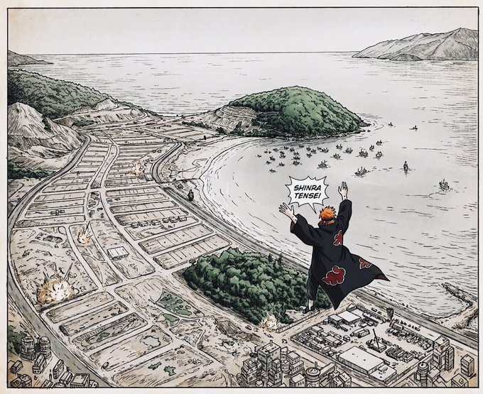 An anime illustration shows a character in an Akatsuki cloak floating above a coastal city while yelling 'SHINRA TENSEI', causing destruction below.