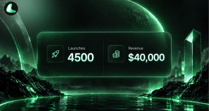A green-themed digital dashboard displays 'Launches 4500' and 'Revenue $40,000' against a sci-fi background featuring a planet and crystals.