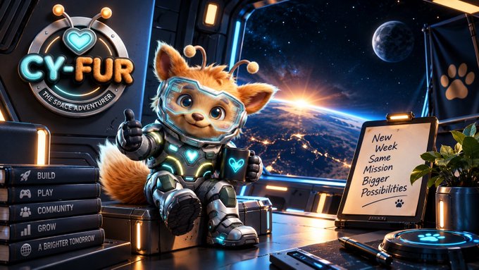A cartoon orange cat character named "CY-FUR THE SPACE ADVENTURER" wearing a space suit and giving a thumbs-up in a spaceship interior, with a clipboard reading "New Week, Same Mission, Bigger Possibilities" and menu buttons labeled "BUILD, PLAY, COMMUNITY, GROW, A BRIGHTER TOMORROW."