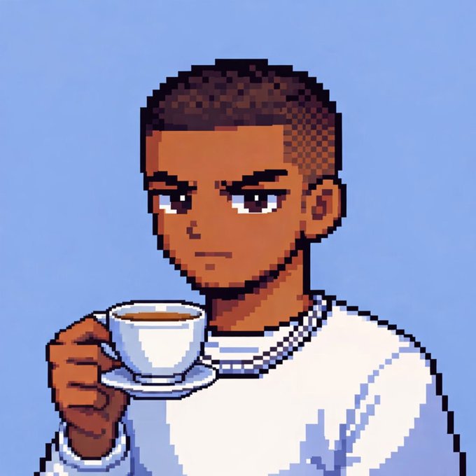 A pixel-art illustration shows a young man with short dark hair and a serious expression, holding a white coffee cup and saucer against a light blue background.

The image accompanies a casual "GM" (good morning) crypto/Web3 post, evoking the relaxed, morning-coffee ritual that mirrors the author's laid-back tone as they discuss passive wallets and on-chain activity summaries.