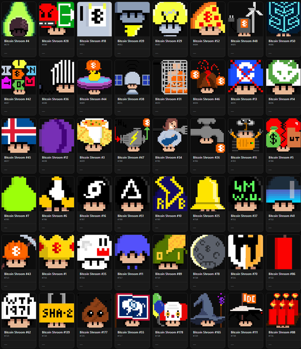 A grid displaying 48 pixel-art mushroom characters from the "Bitcoin Shrooms" Ordinals collection, each with distinct designs (like Shroom #55, #29, and #172) and corresponding serial numbers. The image illustrates the variety within the collection referenced in the post, which argues that these NFTs are undervalued and should trade at double-digit BTC prices.
