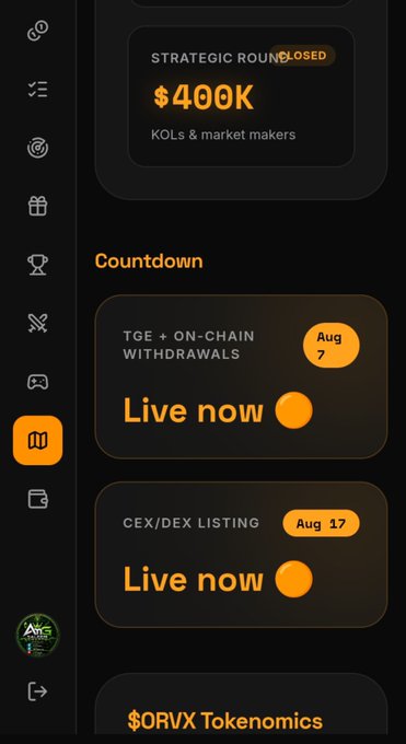 A dark-themed dashboard from OrvexHub displays a "Strategic Round CLOSED" of $400K for KOLs & market makers, along with a countdown showing TGE + On-Chain Withdrawals and CEX/DEX Listing both live now (Aug 7 and Aug 17), and a teaser for $ORVX Tokenomics—visual evidence of platform activity that contrasts with the absence of any official X announcement addressing the eager community.