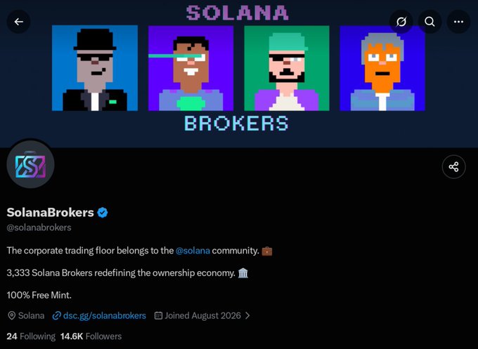 Twitter/X profile for 'SolanaBrokers' (@solanabrokers) showing pixel-art style header featuring four character portraits labeled 'SOLANA BROKERS', with description about 3,333 Solana Brokers NFT collection on Solana blockchain.
