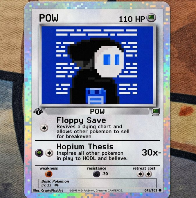 The image features a Pokemon card with a unique design, featuring a black and white cartoon character wearing a hoodie and holding a pipe. The background of the card displays a blue and white color scheme, which adds to its distinct appearance. The text on the card reads "POW", "Floppy Save", "POW", "HOPIUM THESIS", "30X", "RESTRICTED TO HODI AND BELIEVE", and "Livsjvq". These details provide information about the card's content, rarity, and restrictions. The image also includes a watermark that reads "www.pokemoncards.com".