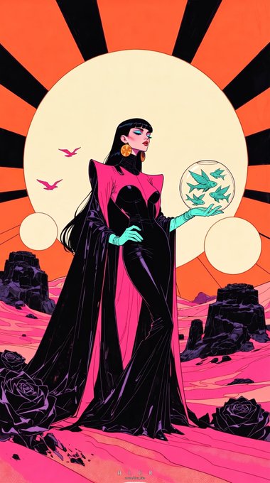 A stylized digital illustration of a woman in a long black and pink dress holding a transparent globe with green fish inside, set against an orange sunburst background with desert rock formations and black roses.