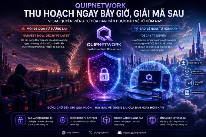 A promotional graphic for QuiPNetwork featuring a Post-Quantum Blockchain theme with Vietnamese text, showing a hooded figure at a computer labeled 'DATA COLLECTION' and a futuristic cityscape.