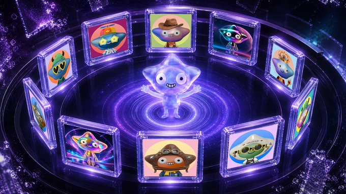 A promotional image featuring a glowing purple star-shaped character in the center, surrounded by eight holographic frames displaying different cartoon characters in various costumes like a cowboy, superhero, and princess.
