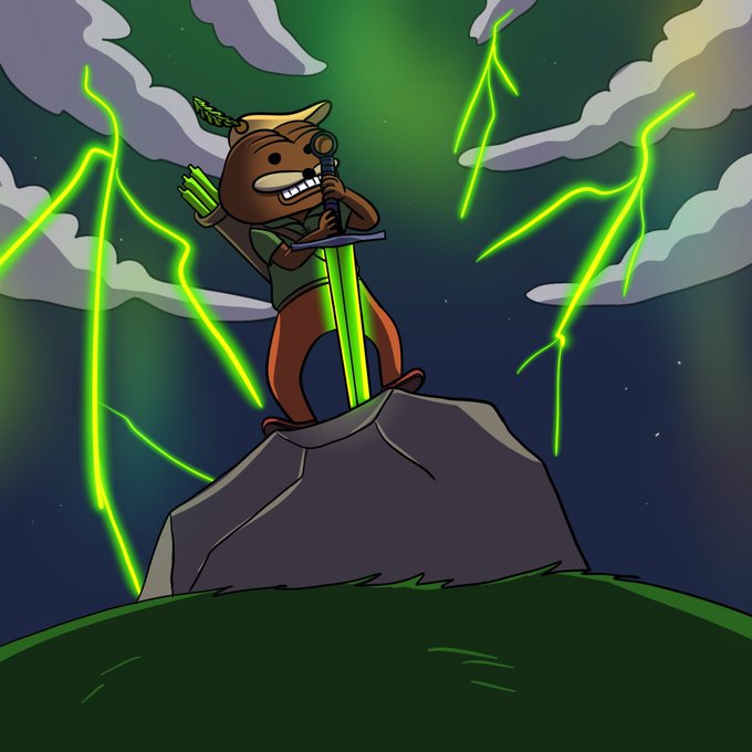 A cartoon illustration shows a character holding a glowing green sword while standing on a rocky peak, surrounded by green lightning in a stormy night sky.