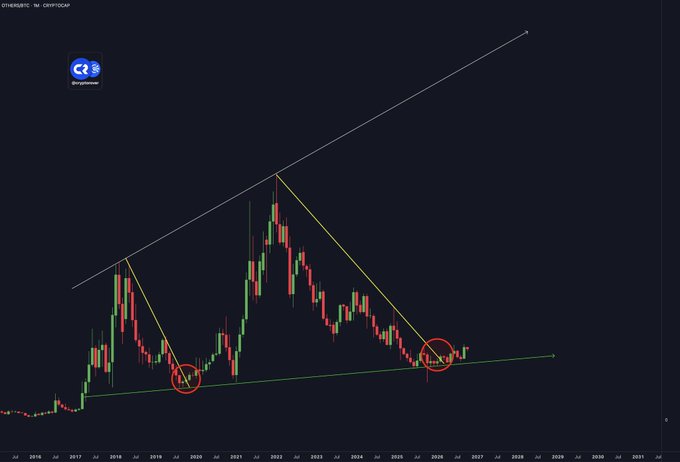 A long-term crypto market chart (labeled "OTHERBTC - by CRYPTOCAP") displays candlestick price action with technical analysis annotations, including converging trendlines, a rising support line, and circled bottom patterns near 2019 and projected around 2025, suggesting a major accumulation phase before a potential breakout. The chart visually reinforces the post's claim that altcoins are positioned for a significant move over the next 6-12 months, as the highlighted patterns mirror historical setups that preceded large rallies.