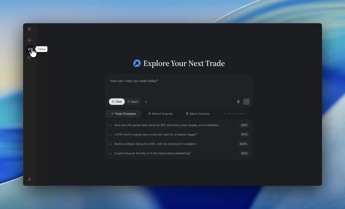 A screenshot of a computer screen displaying an Explore Your Next Trade window with a prompt that reads "paste any @HyperliquidX whale into TrueNorth AI, watch-only. winrate, hold time, best and worst days, read off the chain for you." The main visual element in this image is the blue and white sea wave backdrop.