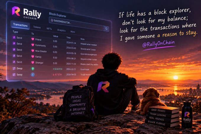 The image shows a person with a "Rally Onchain" backpack sitting alongside a dog on a hilltop at sunset, overlooking a city skyline, while a glowing "Rally Block Explorer" interface displays transaction entries labeled with "Friend," "Community," "New Creator," "Family," and "Stranger." On-screen text reads "If life has a block explorer, don't look for my balance; look for the transactions where I give someone a reason to stay," alongside the handle "@RallyOnChain," reinforcing that the most meaningful "transactions" in life are the human connections we choose to nurture.