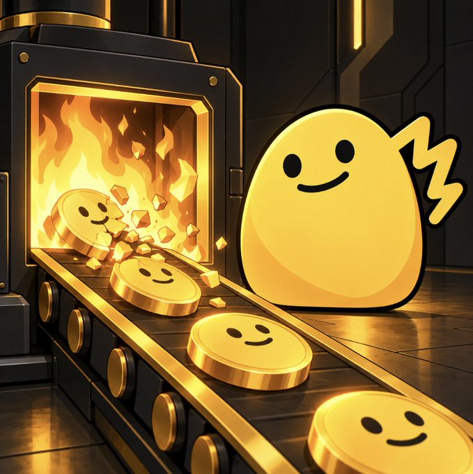 A cartoon yellow blob character with lightning bolts watches smiley-faced gold coins moving along a conveyor belt out of a fiery furnace.